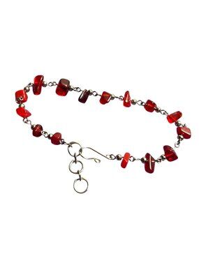 Artisan Red Glass Beaded Silvertone Chain Bracelet Hook Clasp 7.5 - 8.5 inches
